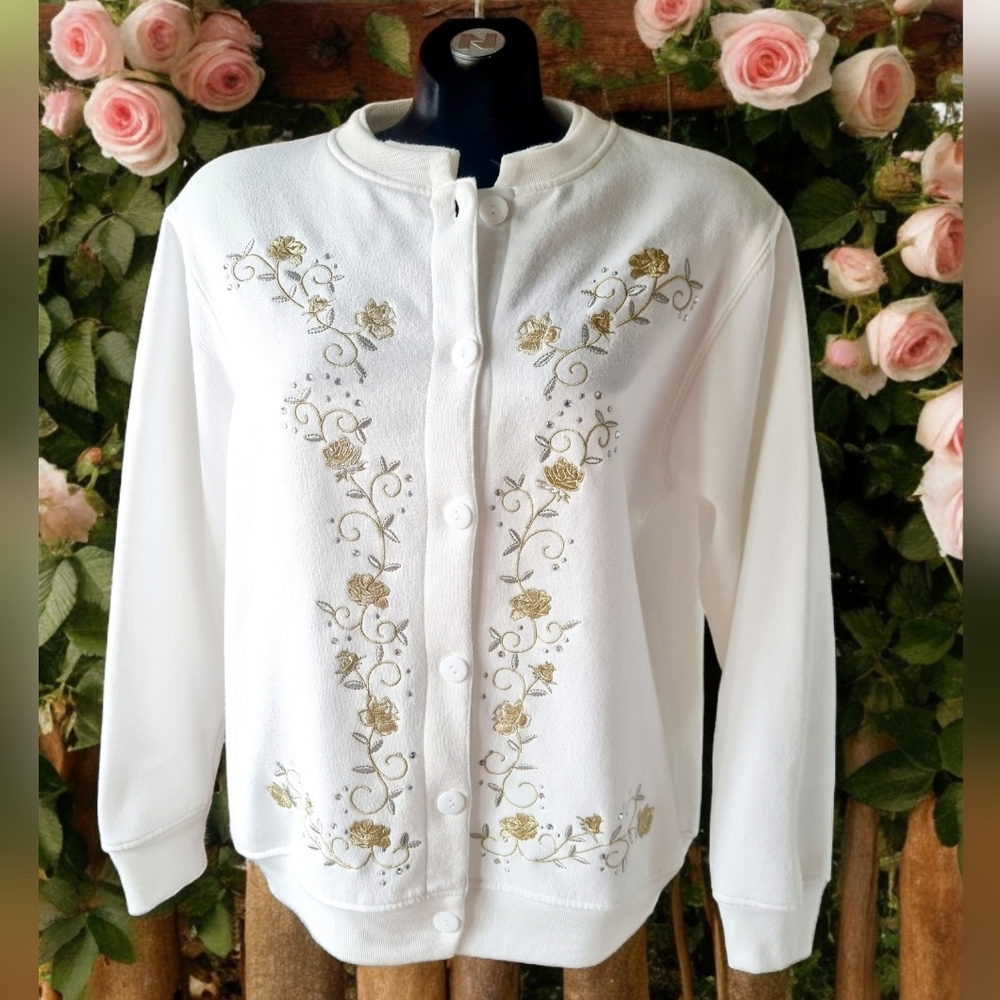 Bonnie Evans Vtg Fleece Lined Button Down Embroidered Roses Ivory Sweatshirt